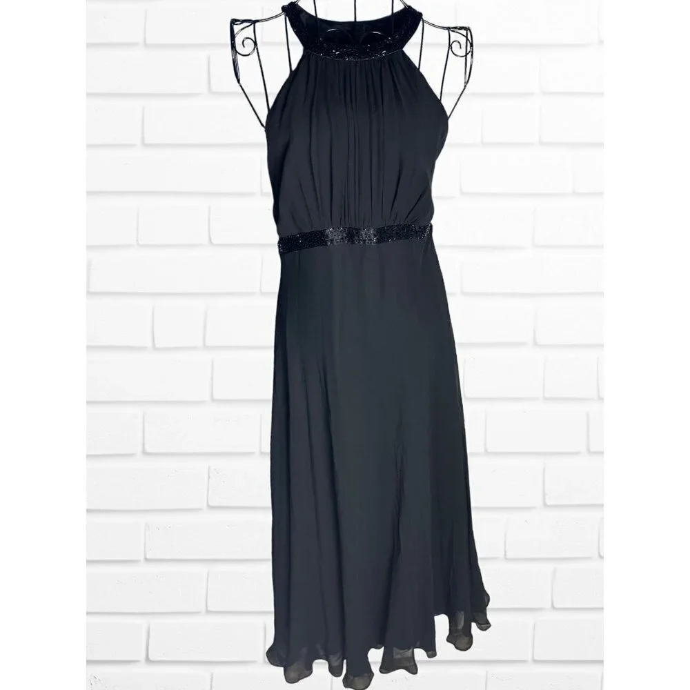 Jones‎ New York Dress Women's Sz 8 Black Formal Midi Beaded 100% Silk Halter
